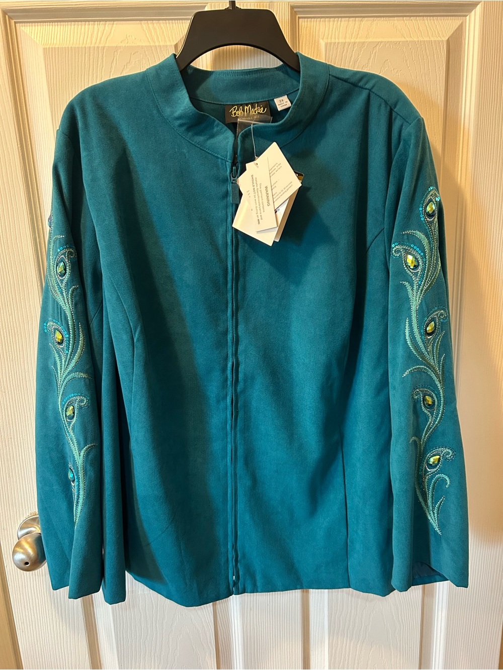 Bob Mackie 2X Teal Embroidered & Embellished Rhinestone Faux Suede Jacket NWT